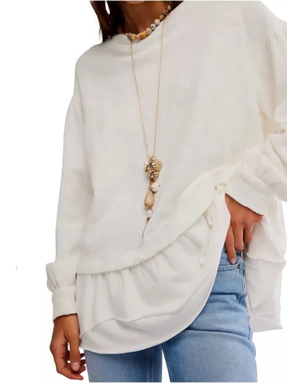 Free People Maddie Layered Hem Sweater Size Small White Slouchy Cozy Long Sleeve - Picture 7 of 14